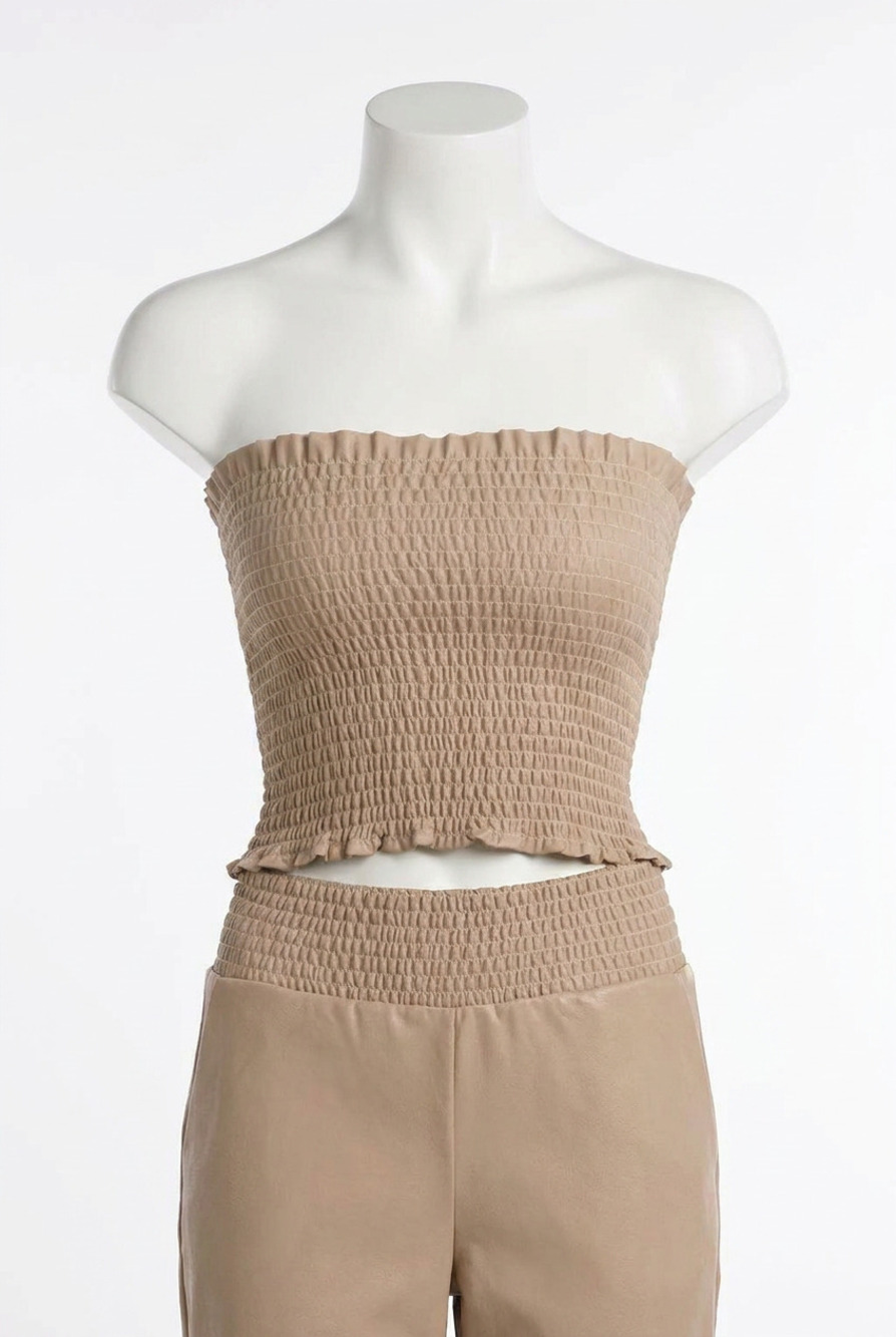 NEW COMMANDO faux leather smocked tube top in sand